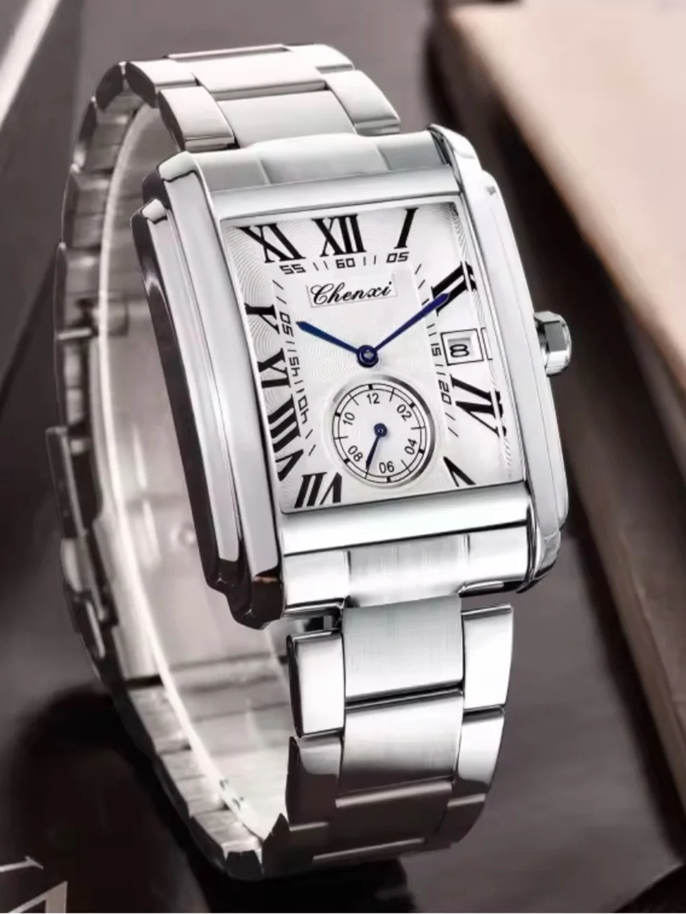 Men’s Silver Rectangular Stainless Steel Watch with Blue Hands